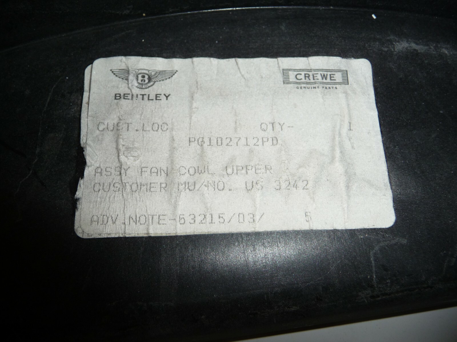 1999-06 Bentley Arnage Azure Brooklands Upper Engine Cowl OEM Used PG102712PD
