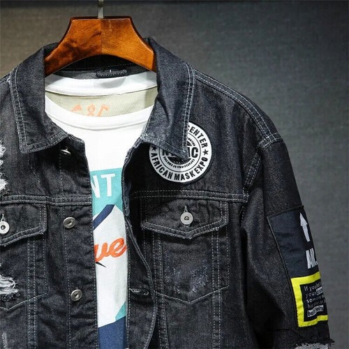 Herren Denim Jacke Hip Hop Streetwear Punk Motorrad gerissener Druck Cowboy Outwear - Bild 20 von 29