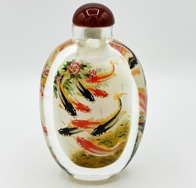 Vintage chinesische Koi Fisch umgekehrt handbemalt Glas Schnupftabakflasche Feng Shui - 5''