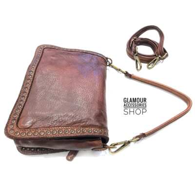 Damen Tasche Echt Leder Vintage Frontklappe mit Nietenrand MADE IN ITALY