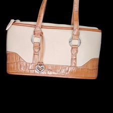 VTG Brighton Handbag Shoulder Bag Purse Pebbled Leather Beige Tan Croc Embossed