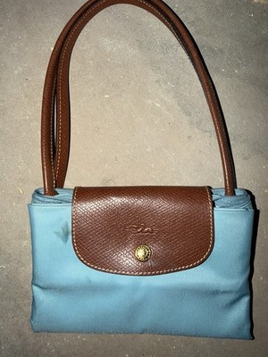 Longchamp Blue & Brown Medium Folding Tote Snap Closure Gold Hardware Pouch