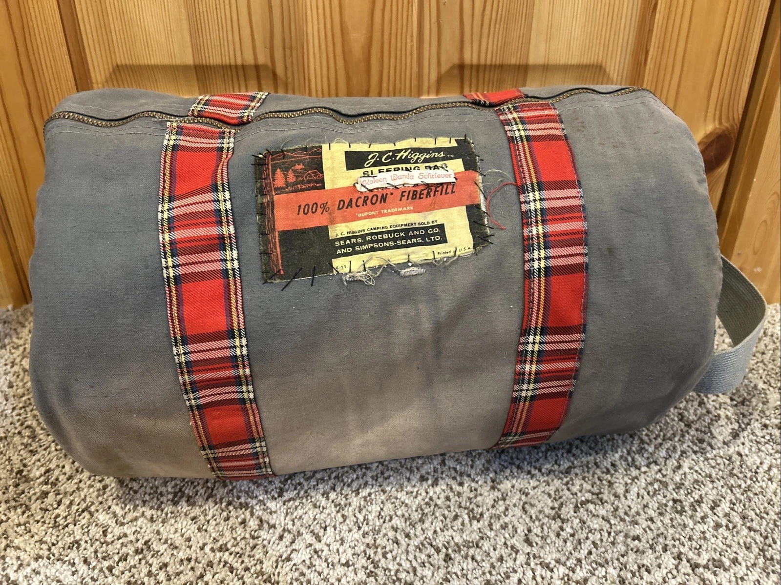 Vtg JC Higgins Camping Equipment Sears Roebuck Sleeping Bag Duffel Bag Red Plaid