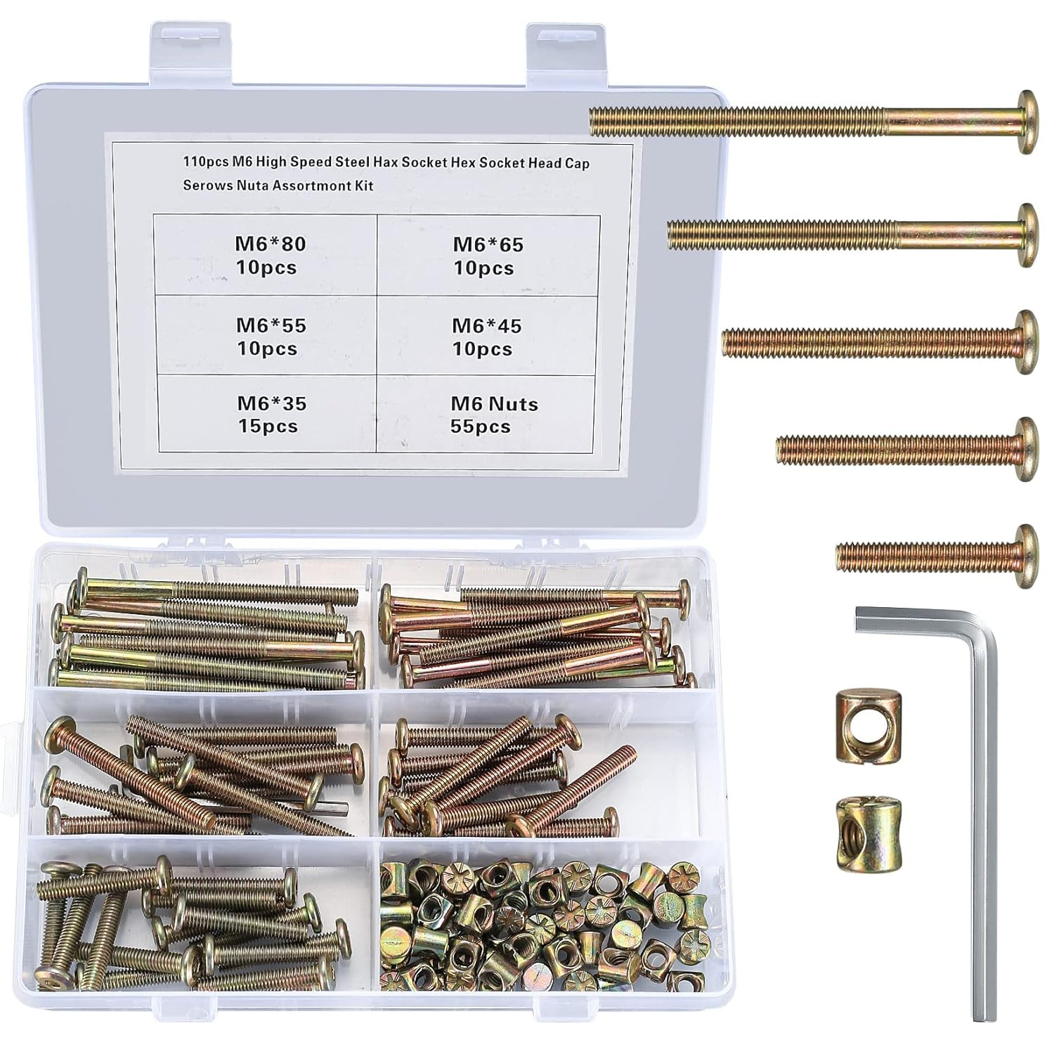 110 Pcs M6 Nuts and Bolts Kit, Barrel Nuts, Hex Socket Head Cap Screws, Furnitur