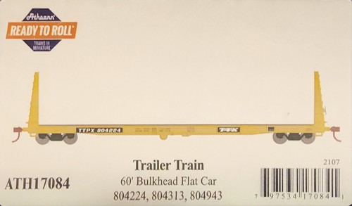 Athearn 17084 HO Scale Trailer Train 60' Railroad Bulkhead Flat Cars 3 Car Pack