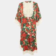 Dolce Gabbana RedMulticolor Geranium Print Silk Blend Lace Trimmed Midi Dress XS