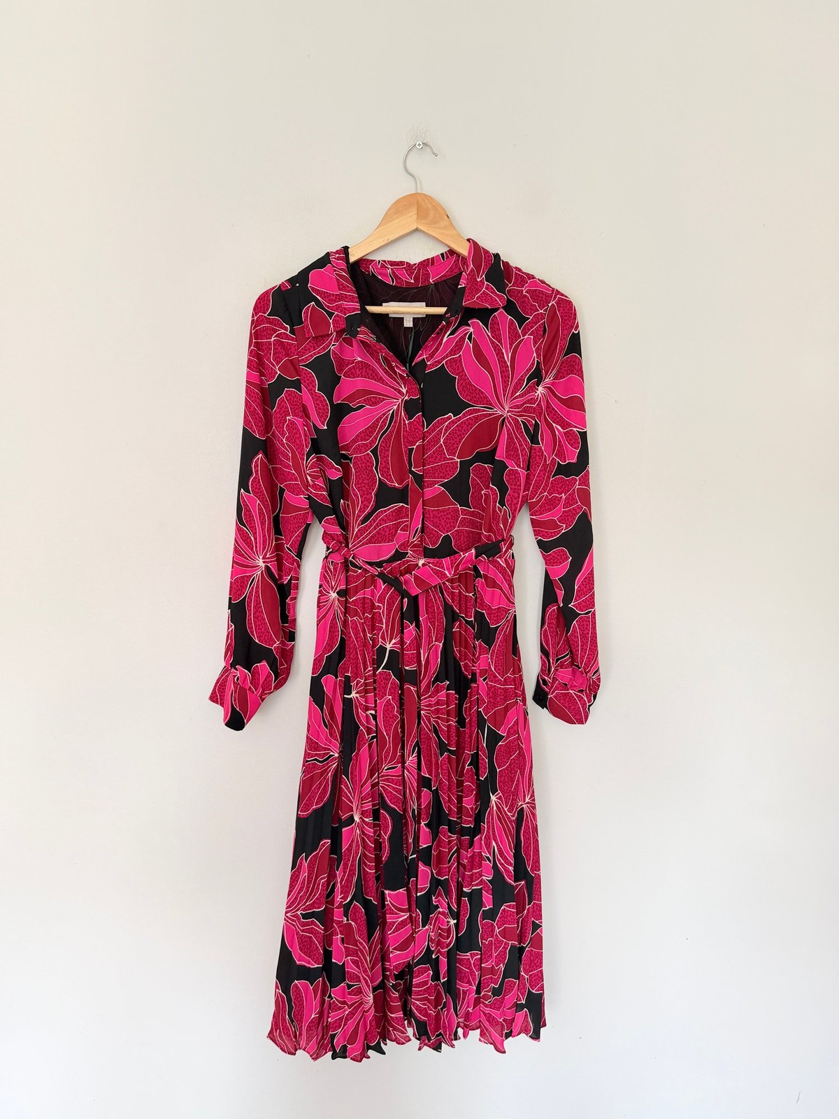 Hobbs Dress Size 12 Black Pink Floral Belted Pleated Laurenza L