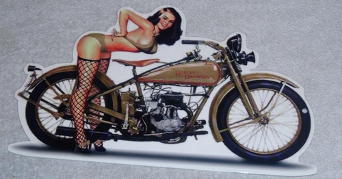 VINTAGE HARLEY DAVIDSON MOTORCYCLE WOMAN 12" METAL GASOLINE OIL MOTOR CYCLE SIGN