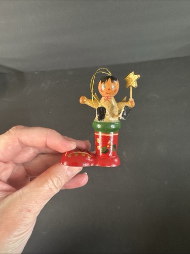Vintage Green Wooden Angel Figurine Ornament - Picture 1 of 5