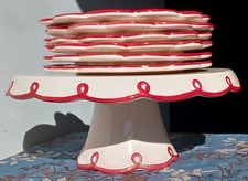 Support à gâteaux en forme de champignon avec 6 assiettes assorties décoration de table rouge/blanc