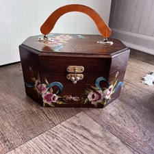 Vintage 60s Octagon Wood Hand Painted Purse Box Lucite Handle Signed S.Hamilton