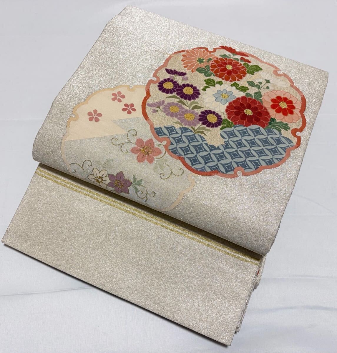 Kimono Silver Gold Thread Flower Pattern Obi Belt… - image 1