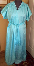 Vtg. Lily of France Rosa Puleo-Szile Blue Brocade Satin short Sleeve Long Robe