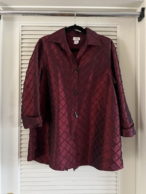 IC Collection Textured Circles Asymmetric Jacket Lagenlook Burgundy Sz Small
