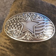 Western Americana Star and American Flag Belt Buckle Silver Tone Western Design