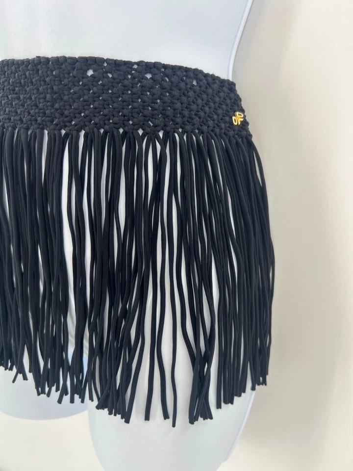 Falda PilyQ Negra Macramé Flecos Natación Cubierta Mini Sarong Playa Resort Ropa Foto 2 de 4
