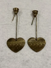 2 Vintage Christmas Tree Candle Holders Heart Hanging Gold Brass Color RARE 7”