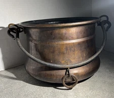  Antique 11” XL Copper Cauldron Large Hanging Pot Kettle Forged Handle(566)