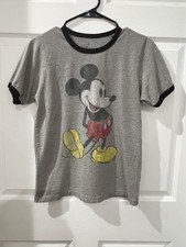 Disney Unisex Kids Ringer TShirt Mickey Mouse Gray Short Sleeve Size SM Vtg look