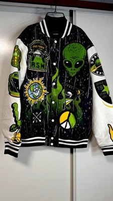 Reason Men s Varsity Jacket L Snap Front Alien Space Graphic Embroidered Logo