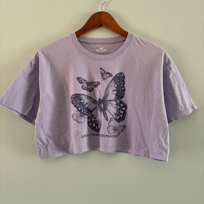 Hollister Graphic Tee Womens S Purple Butterfly Crop Top Grow Evolve Transform
