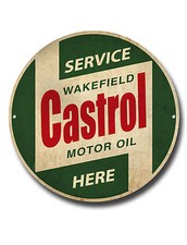 CASTROL SERVICE HERE 11" HIGH GLOSS FINISH METAL ROUNDEL SIGN.GARAGE OIL SIGN.