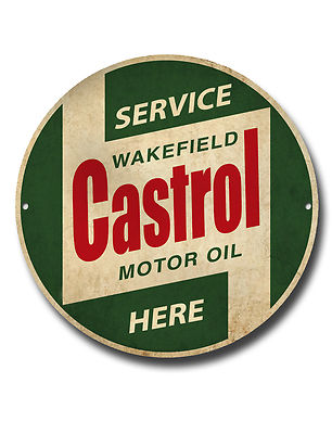 CASTROL SERVICE HERE 11'' HOCHGLANZ-FINISH METALL RUNDELL SCHILD. GARAGE ÖL SCHILD.