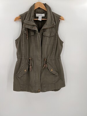 Sebby Olive Green Utility Vest Size Medium 100% Cotton Full Zip Pockets EUC