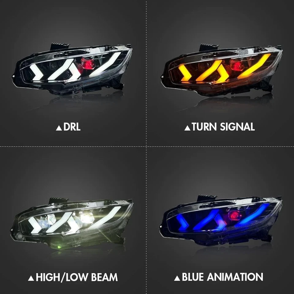 For 2016-2021 Honda Civic LED Headlights Sequential Signal Blue Animation Pair - Image 3 of 4