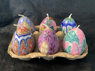 Set Of 6 Hand Painted Easter Egg Shaped Candles 2.25'' with Egg Carton Unused
