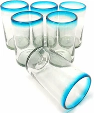 Hand Blown Mexican Drinking Glasses – Set of 6 Glasses with Aqua Rims (14 oz...