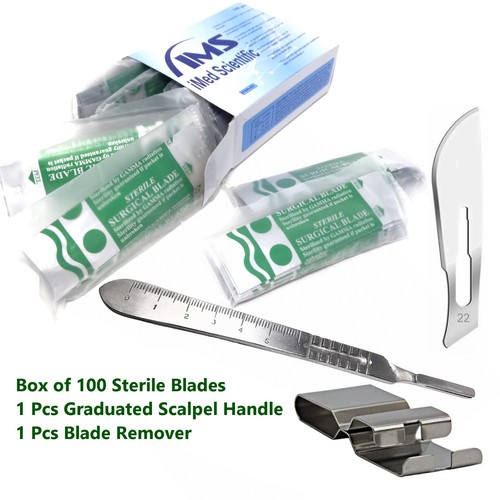 100 Surgical Sterile Blades #22+Scalpel Knife Handle #4 Graduated+Blade Remover - 第 1/3 張圖片