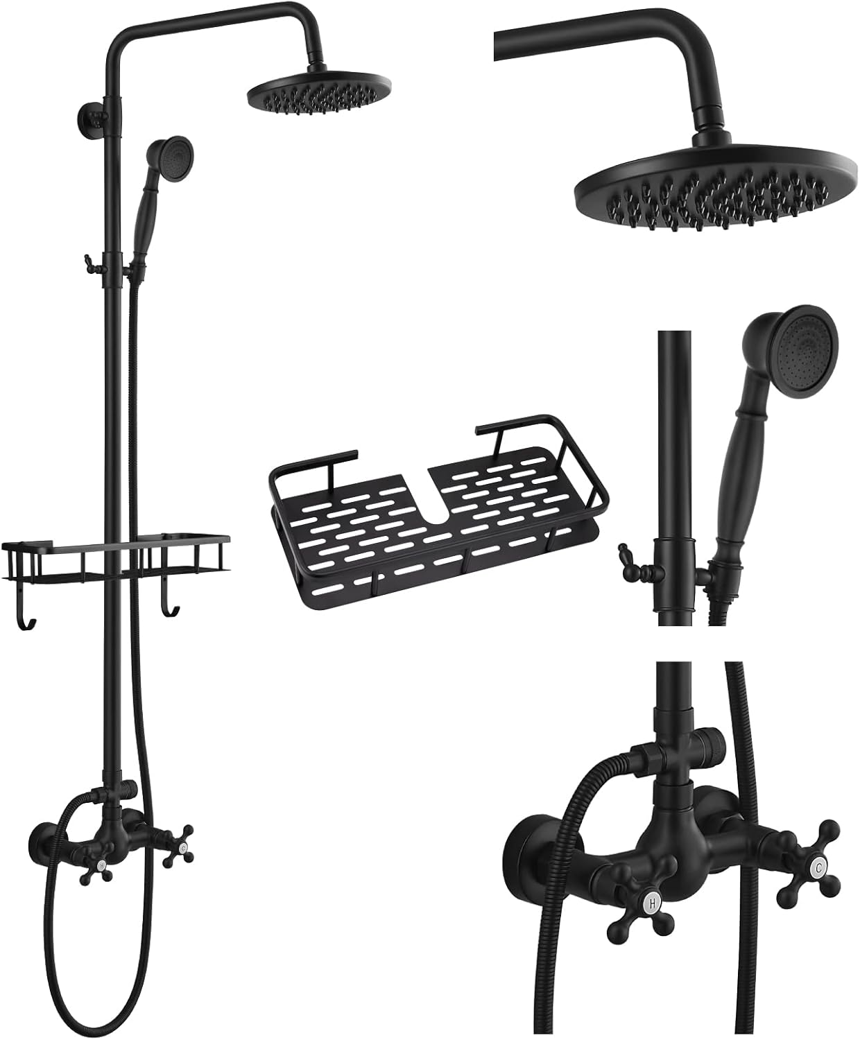 8 Inch Wall Mounted Rainfall Shower System with Shower Shelf Matte Black Exposed