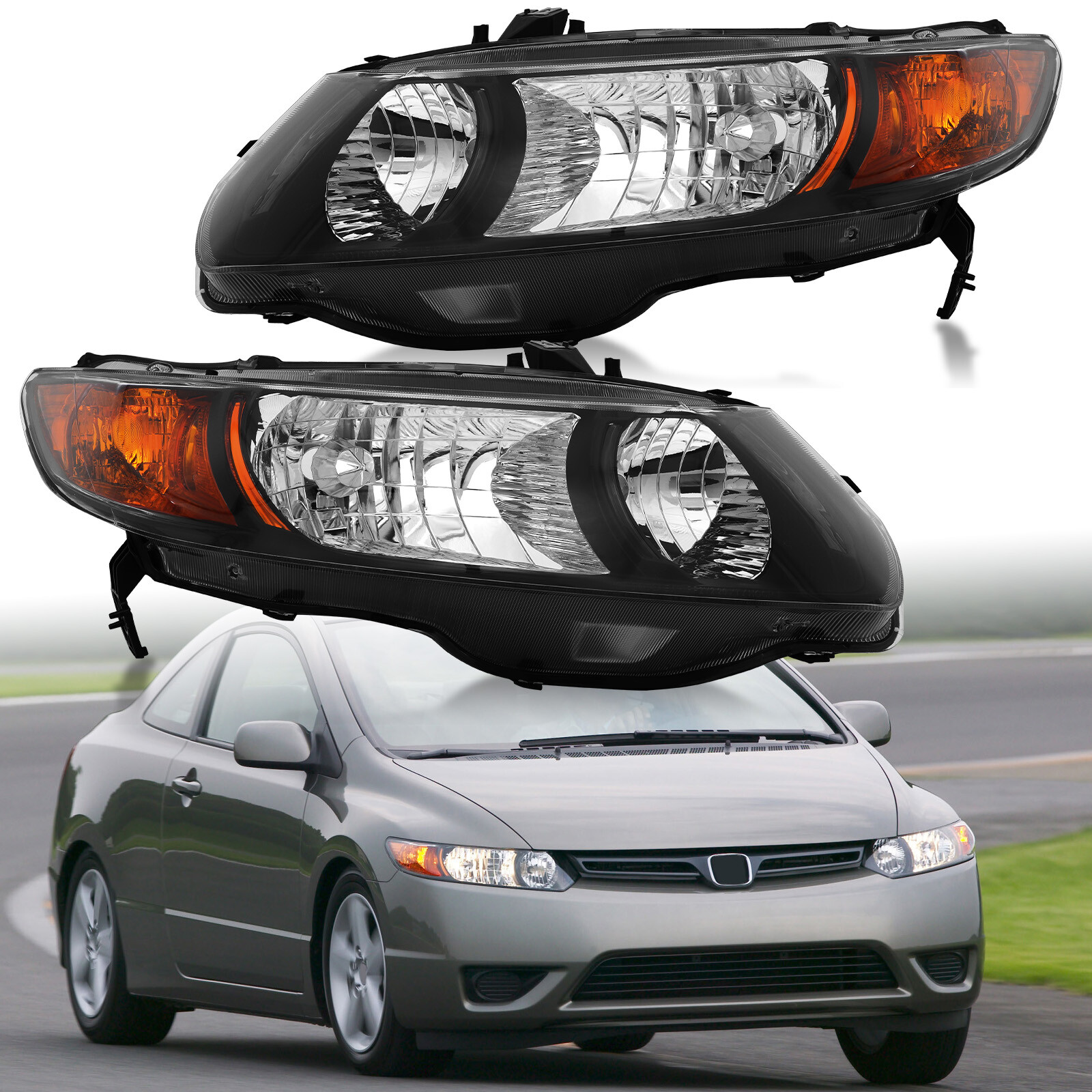 2PCS Headlights For 2006-2011 Honda Civic 2Dr Coupe Headlamps Replacement LH+RH