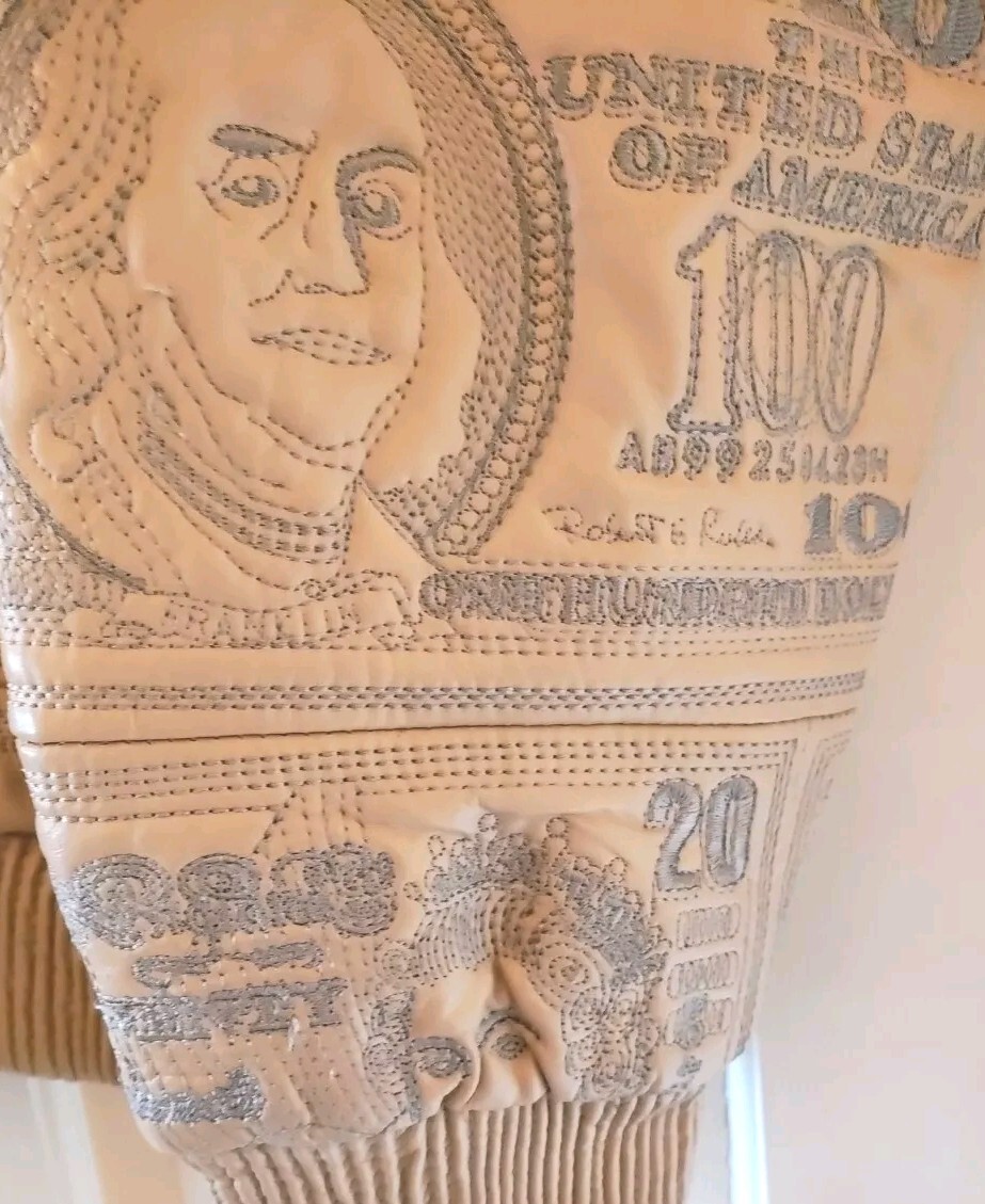 Vntg Pelle Moda Cash Money Leather Jacket Coat World Currency Hip