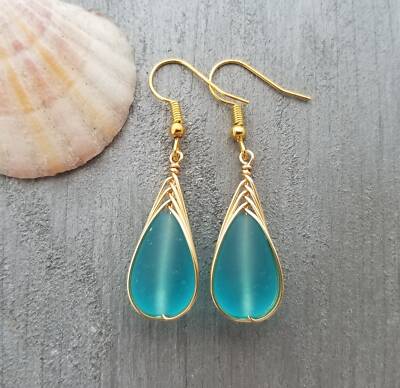Hawaiian Jewelry Sea Glass Earrings, Gold Braided Turquoise Earrings Blue