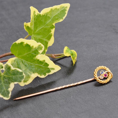 Ruby, Sapphire & Diamond 18K Yellow Gold Over Lapel/Stick Pin Men's Jewelry 1PC