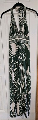 BCBG Max Azria Women's XS Green Tropical Print Halter Neck Maxi Dress