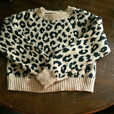 Girls Leopard Animal Print Knit Cotton Pullover Crew Neck Sweater M Beige