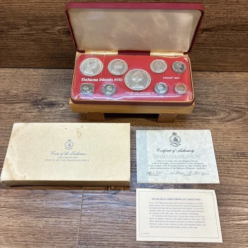 1970 Bahamas 9 Coin Silver Proof Set Franklin Mint Elizabeth II w/OGP & COA