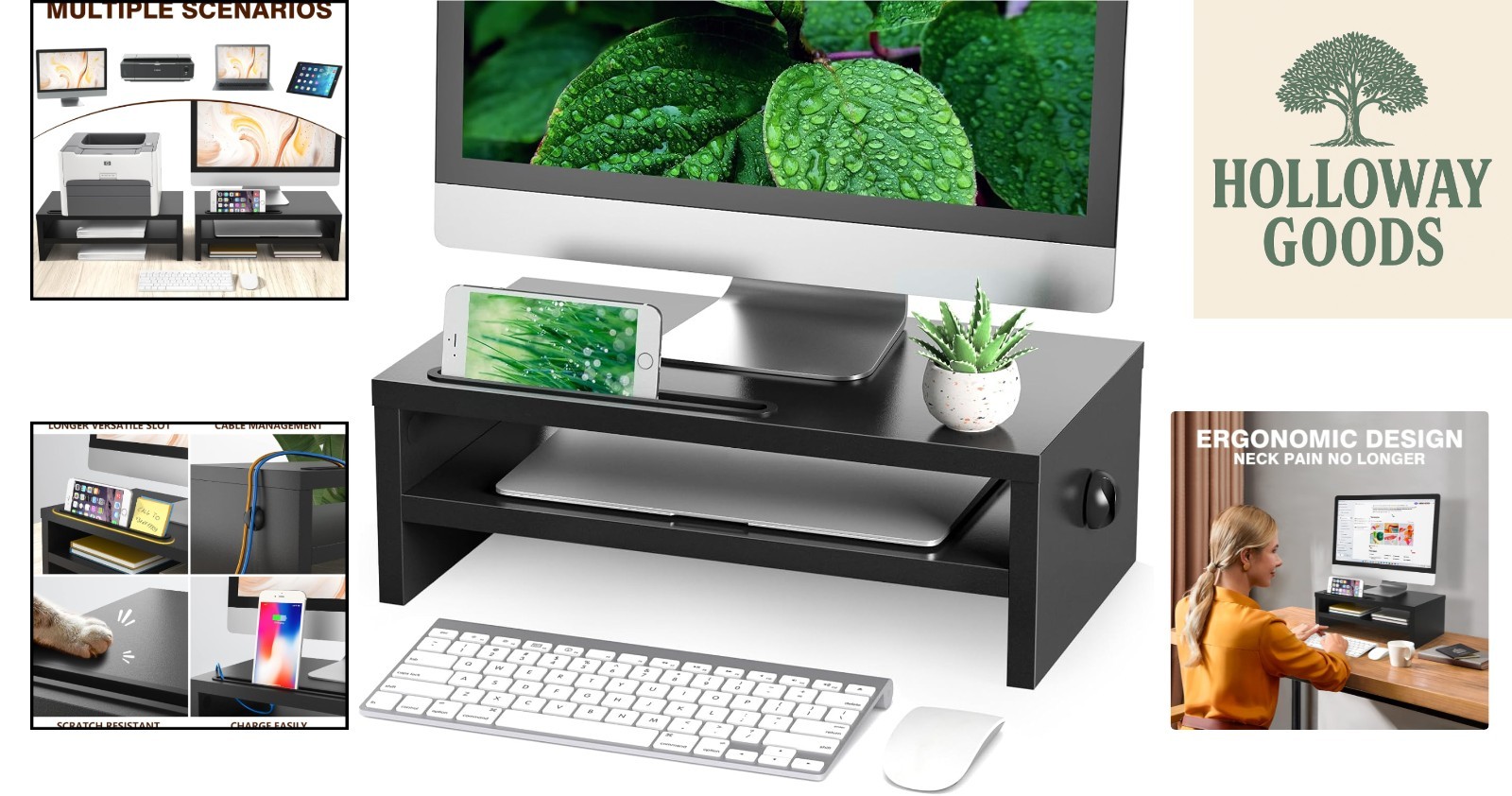 Ergonomic Wood Monitor Stand Riser with Cable Management & Smartphone Holder
