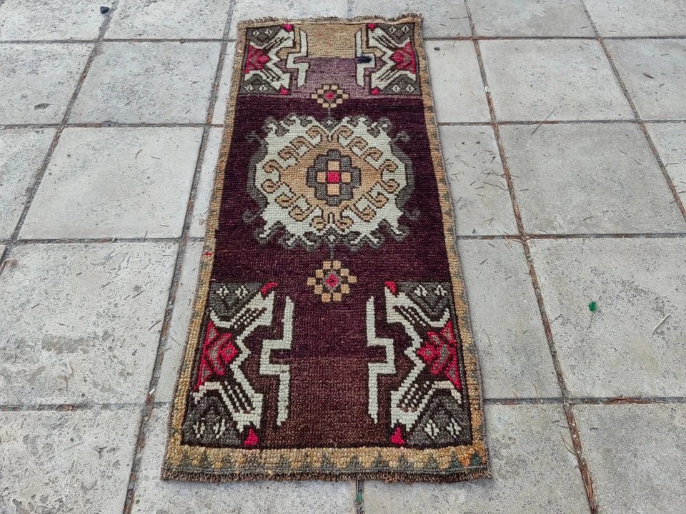 Vintage Turkish Rug 3.6x1.5 ft Hand-Knotted Wool Anatolian Tribal Carpet - Image 3 of 4