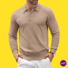 COOFANDY Men's Polo Knit Sweater, Long Sleeve, Khaki, UK L  EU 52