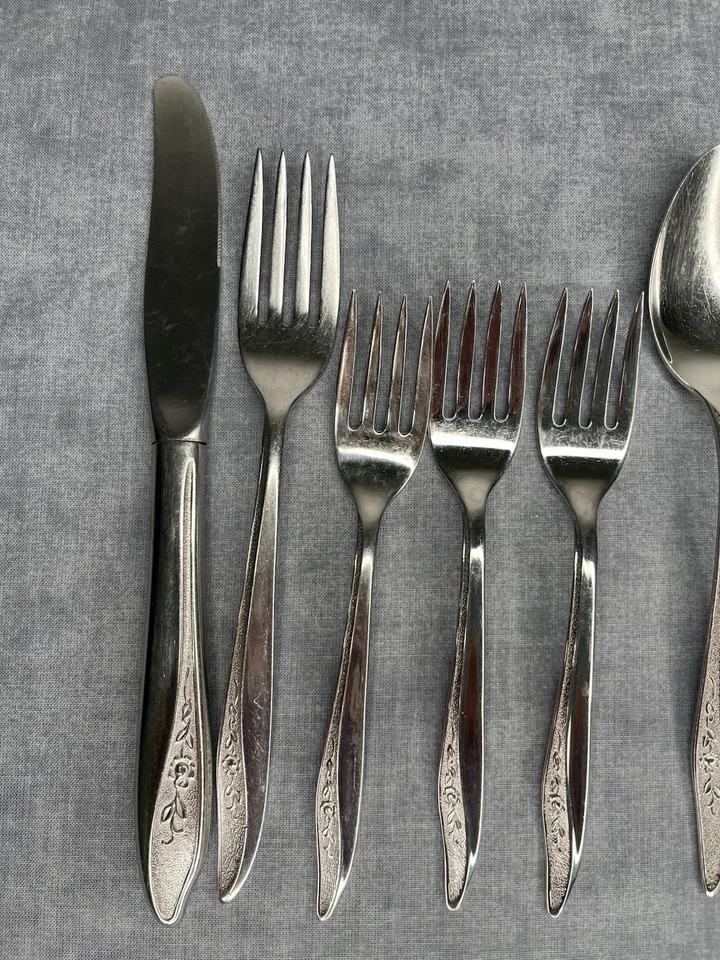 Cubiertos Sears Fashion EE. UU. Rosa Texturizada Floral Inoxidable De Colección 18 Piezas Foto 3 de 4