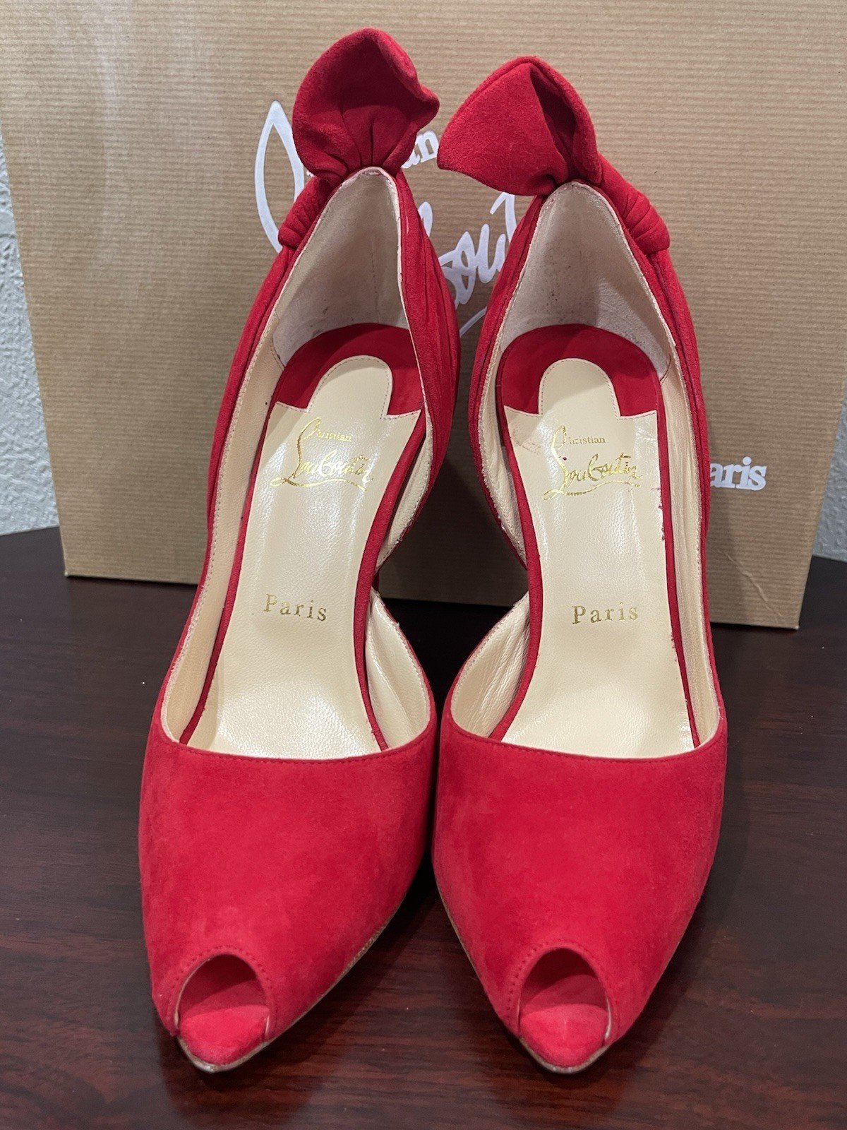 Cristian Louboutin Peep Toe Heels Red Suede Leather Women's Size 39 Barbara 100 image 2