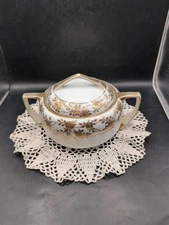 Vintage Handpainted Nippon Covered Dish With Handles Gold Rose Design