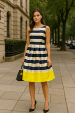 Eliza J Women’s Dress Size 6 Navy Blue White Striped Sleeveless Yellow Hem