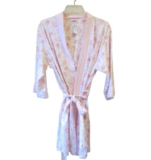Aria 100% Cotton Short Robe Pink Tie Size Medium Pink Floral Stripes Pockets