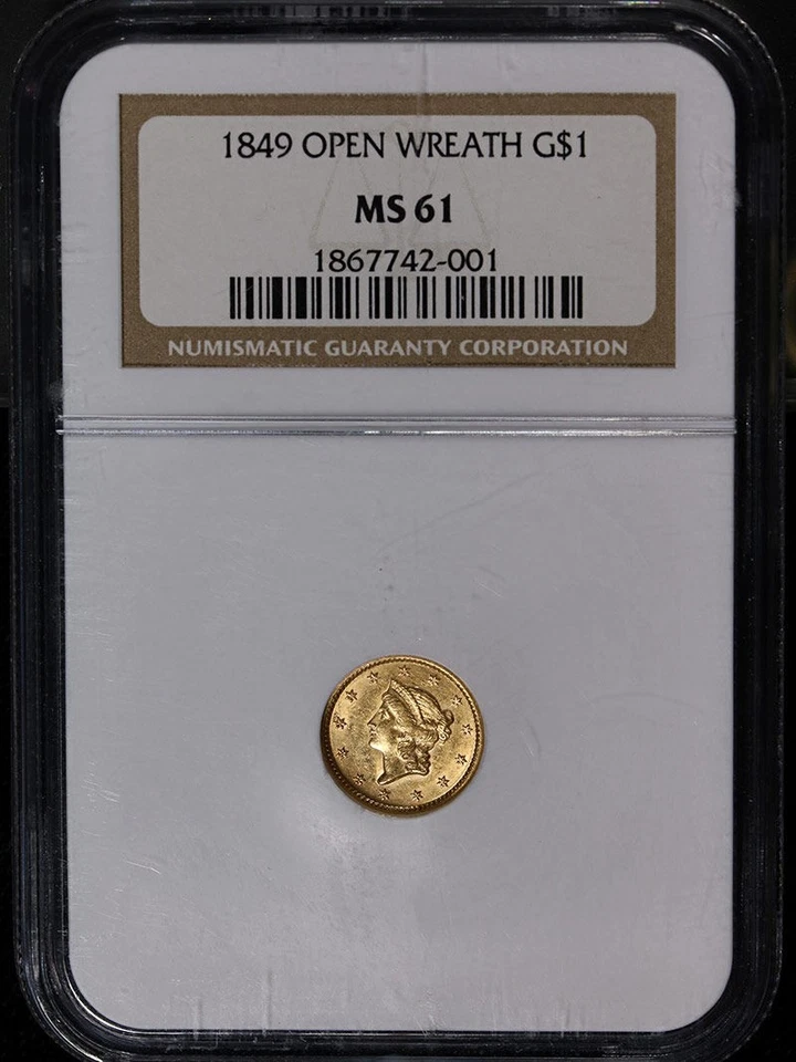 1849-P Type 1 Liberty Gold $1 Open Wreath NGC MS61 Nice Eye Appeal Nice Strike - Image 3 of 4