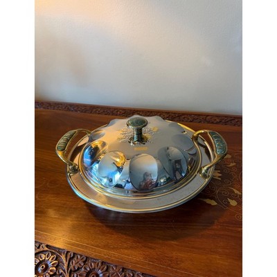 Vintage Italian INOX Stainless Steel Covered Dish, 24kt Gold Floral Accents 10''